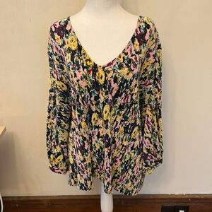 Vero Moda black floral long sleeve V neck pleated blouse Size 20 New